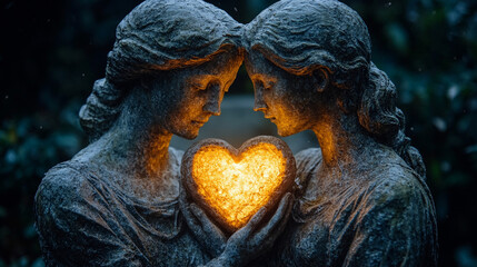 Fototapeta premium Couple of statues holding heart-shaped lanterns in an enchanted setting.