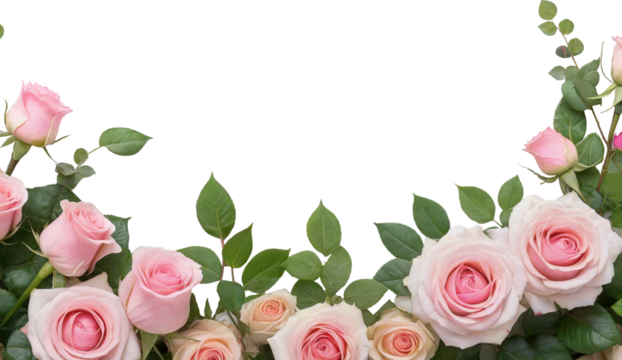 A frame of rose flowers with leaves on a transparent background with space for text, greeting card