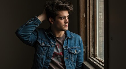 Fototapeta premium Contemplative Young Man in Denim Jacket Gazing Out of Window in Natural Light, Casual Fashion and Introspection.