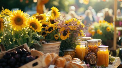 Vibrant Summer Market Food Display with Sunflowers and Fresh Produce