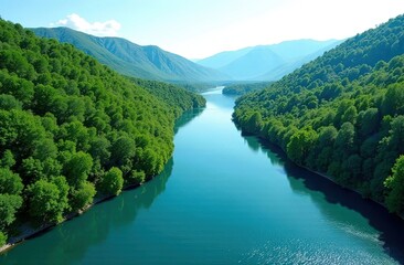 Aerial View of a Meandering River Cutting Through a Vibrant Green Valley. International Day of Rivers. Flowing Waters & Natural Beauty. Generated AI