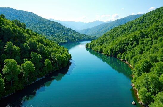 Aerial View of a Meandering River Cutting Through a Vibrant Green Valley. International Day of Rivers. Flowing Waters & Natural Beauty. Generated AI