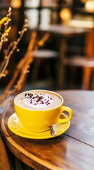Aromatic Latte in a Vibrant Yellow Cup, Perfect Coffee Shop Experience
