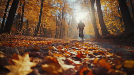 Autumn Forest Trail with Cyclist: A Golden Fall Day