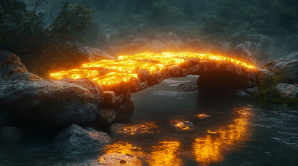 Fototapeta premium A lava flow creates a fiery bridge over a calm river under an ominous night sky.