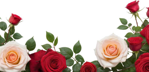 A frame of rose flowers with leaves on a transparent background with space for text, greeting card