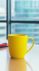 Vibrant Yellow Mug on a Modern Office Desk, A Simple Yet Stylish Office Accessory