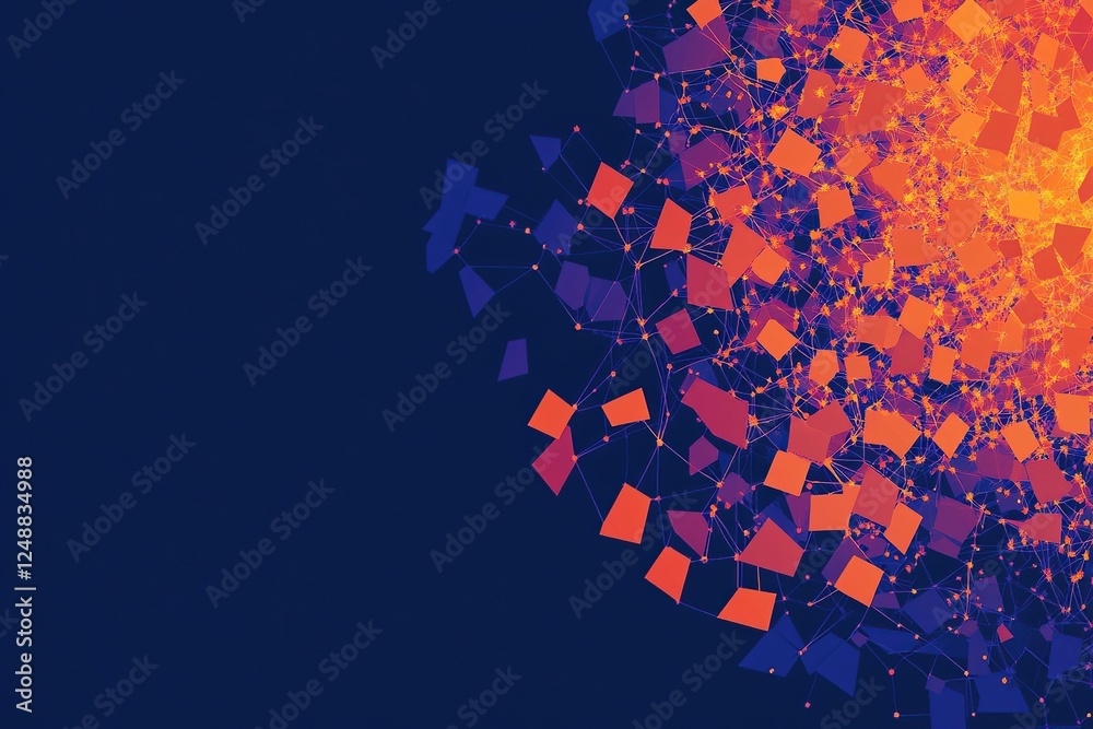 Poster abstract network: nodes and connections visualized with vibrant colors and dynamic shapes in motion