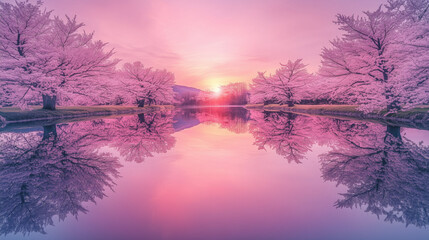 Serene Pink Cherry Blossom Sunrise Reflection on a Calm River