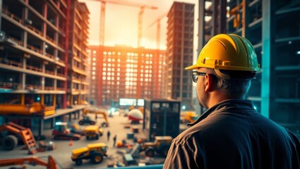 Construction engineer overseeing building progress at a site with heavy machinery.