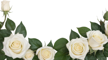 A frame of rose flowers with leaves on a transparent background with space for text, greeting card