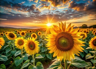 Fototapeta premium Capture the magic: sun-drenched sunflowers at sunrise, a golden hour documentary photography experience.