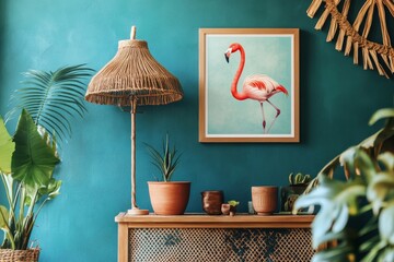 Flamingo art, teal wall, bohemian room decor