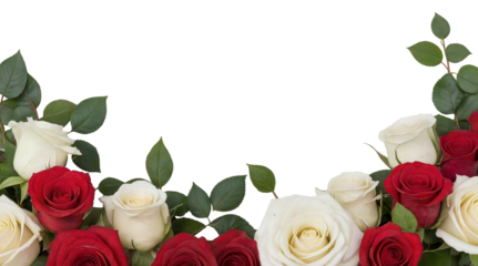 A frame of rose flowers with leaves on a transparent background with space for text, greeting card