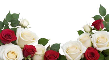 A frame of rose flowers with leaves on a transparent background with space for text, greeting card