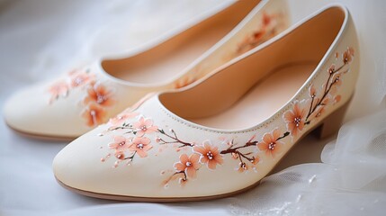 Elegant cream shoes with delicate hand-painted peach blossom accents and small heel