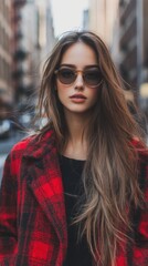 Woman in sunglasses and red coat standing in downtown area with copy space for fashion photography