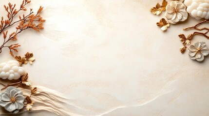 Delicate Floral Design with Golden Accents on Beige Background. Generative AI