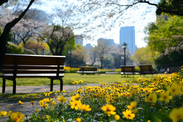 Fototapeta premium Urban Serenity, Yellow Daisies Bloom in City Park, offering a tranquil escape with distant skyscrapers and inviting benches in spring sunshine