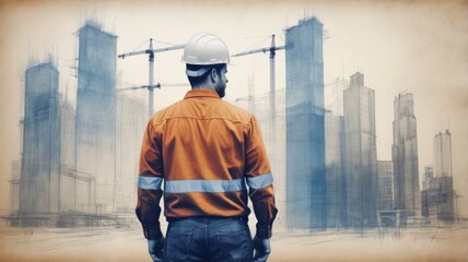 Fototapeta premium Double exposure of an engineer against a cityscape and construction, symbolizing the vision and planning behind urban development.