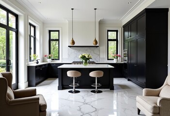 Fototapeta premium Modern Mansion Kitchen: Black Cabinets, White Walls, and Marble Floors Create an Elegant Space with Natural Light, a Large Island, and Plush Armchair.