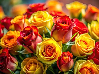 Naklejka premium Close-up macro photography reveals vibrant yellow and red roses blooming in a miniature tilt-shift garden.