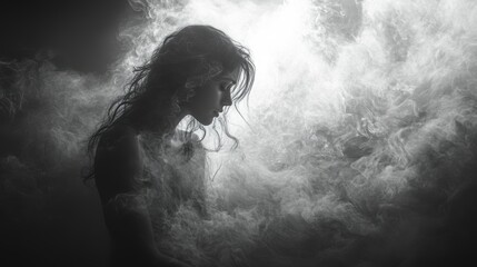 Fototapeta premium Mysterious Woman in Smoke: A captivating monochrome portrait of a woman shrouded in ethereal smoke, her pensive expression and flowing hair creating an atmosphere of mystery and introspection.