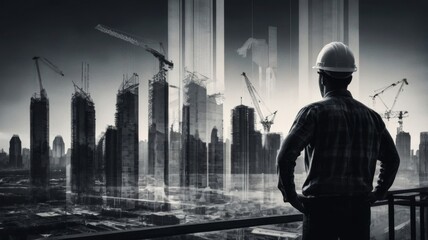 Fototapeta premium Double exposure of an engineer against a cityscape and construction, symbolizing the vision and planning behind urban development.