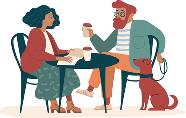 Modern couple relaxing at a terrace café, sipping coffee and reading. Flat vector illustration