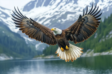 Fototapeta premium Majestic bald eagle soaring high above a pristine mountain lake surrounded by towering peaks and lush greenery reflecting in the clear water