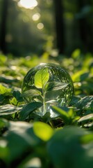 Glass ball with leaf inside resting on ground showcasing nature and sustainability in realistic photography