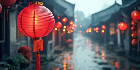 Vibrant red lanterns adorning a misty street