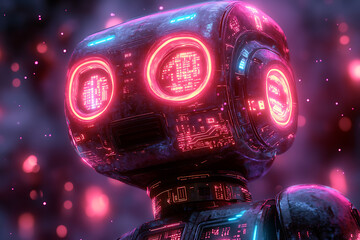 A charming, retro-inspired robot with a futuristic twist. Designed in a vintage style reminiscent of classic sci-fi, but updated with sleek neon outlines and digital circuit patterns.