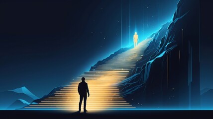A lone figure ascends a glowing staircase towards a bright future amidst majestic blue mountains