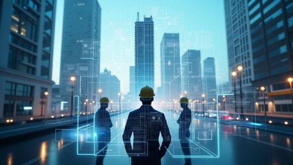 Engineers collaborating on a holographic building project, showcasing innovation in construction technology