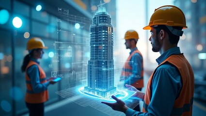 Engineers collaborating on a holographic building project, showcasing innovation in construction technology