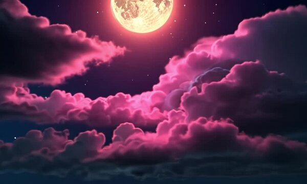 A full moon illuminating with clouds in night sky with pink vibe, significantly a perfect view of night, generated with ai