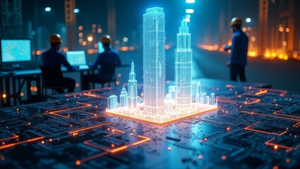Engineers collaborating on a holographic building project, showcasing innovation in construction technology