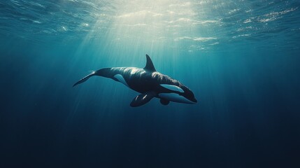 Obraz premium Orca swimming underwater, sun rays.