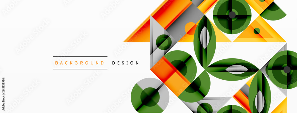 Aufkleber Geometric abstract composition with intersecting shapes, circles, triangles, and gradients, blending vibrant colors and dynamic contrasts to create a modern, futuristic visual design