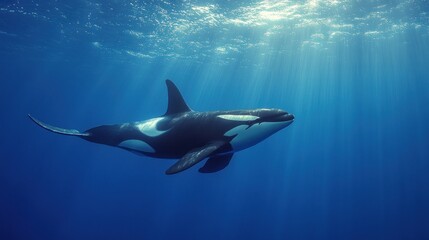 Orca swimming underwater in sunlit ocean.