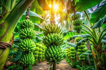 Fototapeta premium Dreamy green bananas dominate a surreal garden, unripe fruit in fantastical photography.