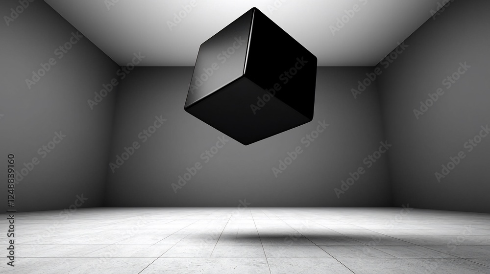 Poster Abstract floating cube in minimalist room.  Possible use Stock photo for architecture, design, or concept art