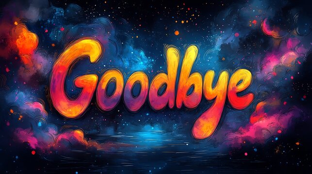 A vibrant and colorful illustration of the word 'Goodbye' set against a cosmic background, expressing the beauty of farewells and the emotions tied to parting ways.