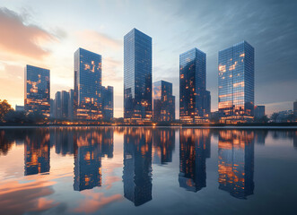 Obraz premium Symmetrical Reflections, Urban Skyline Mirroring in Serene Water at Twilight, Depicting Calm Modern Cityscape with Glass Buildings