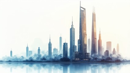 Obraz premium A watercolor painting of a modern city skyline at sunrise, reflecting in the water.