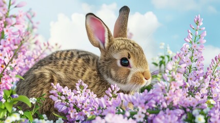 Fototapeta premium Charming Bunny Resting On Lavender Floral Bed