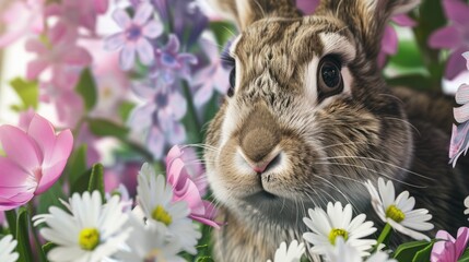 Gentle Bunny Surrounded By Colorful Blossoms