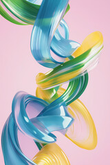 3D rendering of blue, green, and yellow swirls on a pink background. Abstract composition with plastic shapes