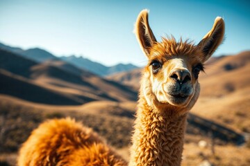 Obraz premium Curious llama standing in dry mountainous terrain